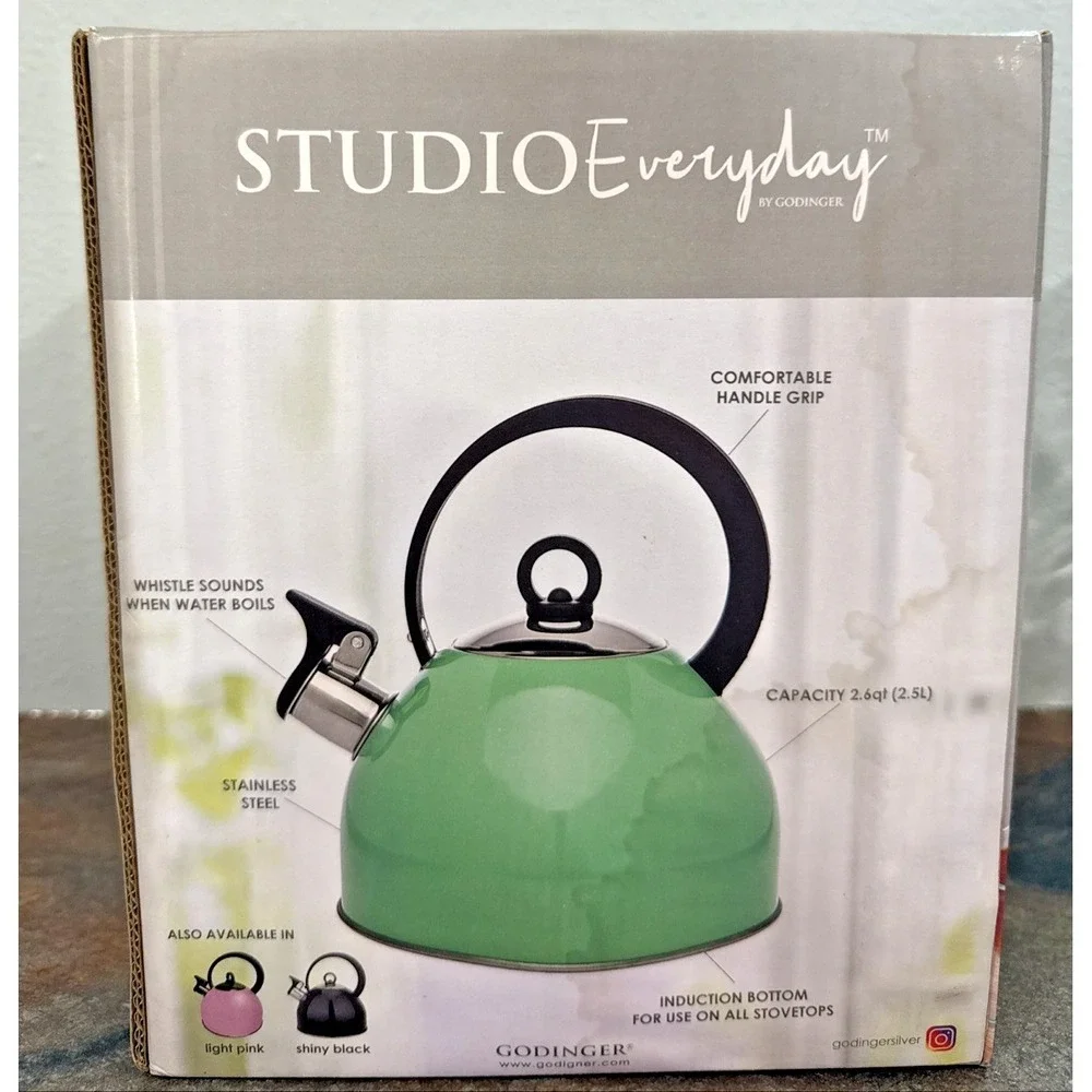 Studio Everyday Godinger Mint Green Whistling Tea Kettle 2.6 Qt Stainless Steel